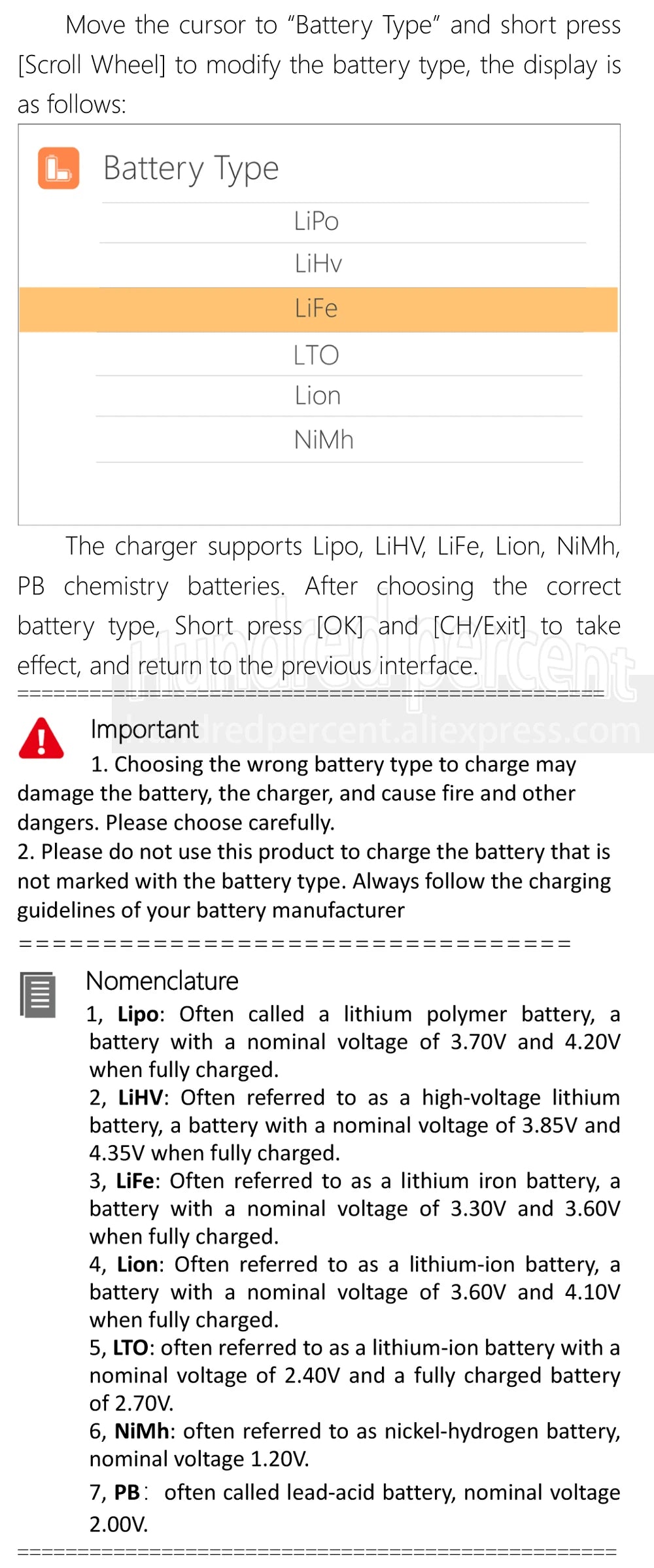 ToolkitRC Q6AC 1-6S Lipo Battery Charger, Charges Lipo, LiHV, LiFe, Lion, NiMh, and PB batteries; choose correct type to avoid damage or danger.