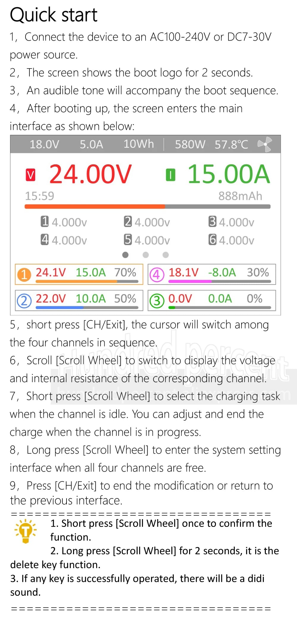 ToolkitRC Q6AC 1-6S Lipo Battery Charger, Connect device, boot logo appears with tone, main interface shows readings, use [CH/Exit] and Scroll Wheel to navigate