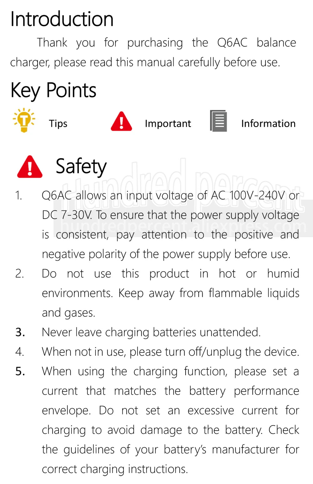 ToolkitRC Q6AC 1-6S Lipo Battery Charger, The ToolkitRC Q6AC charger manual introduces safety precautions and usage tips.