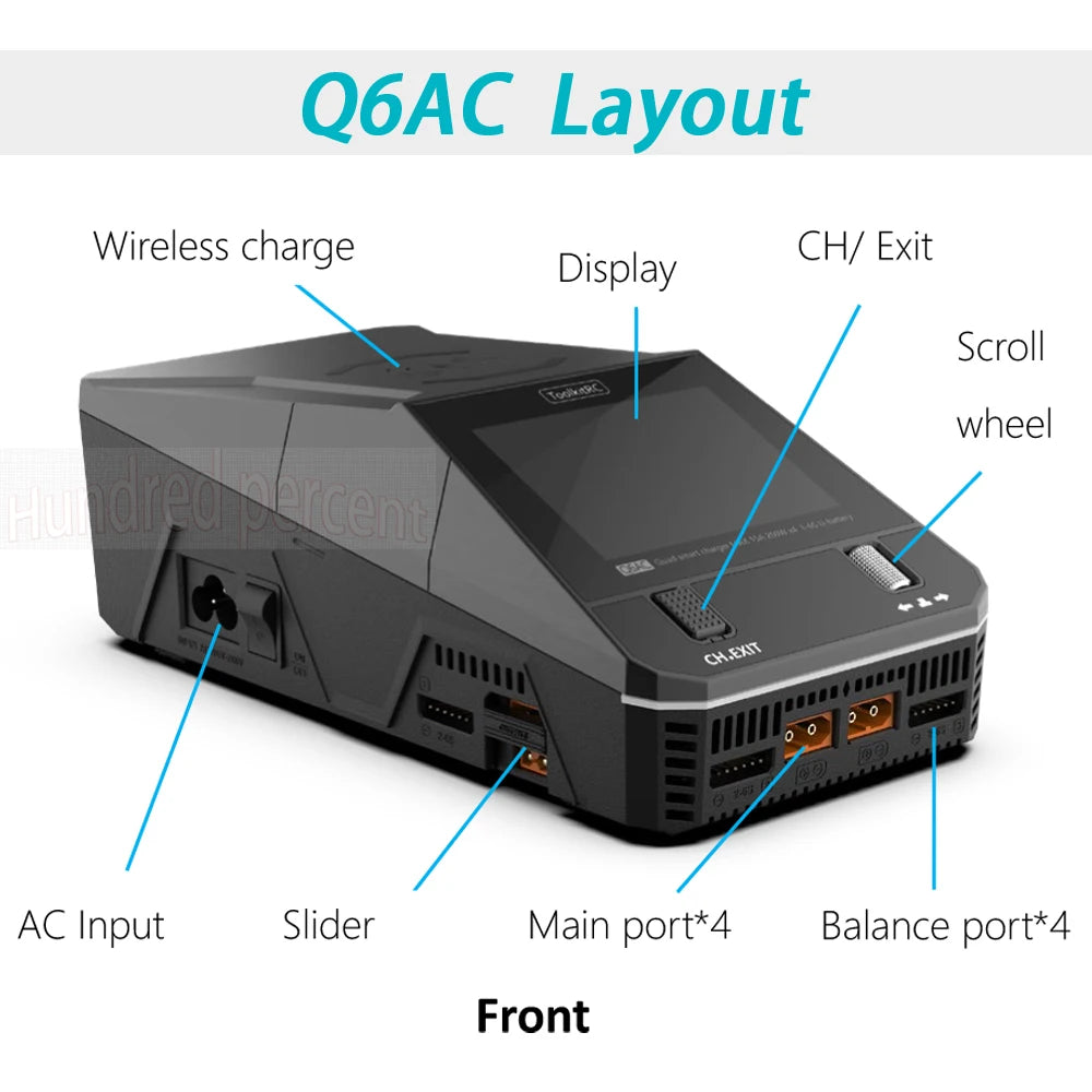 ToolkitRC Q6AC 1-6S Lipo Battery Charger, The Toolkit RC Q6AC charger features wireless charging, exit display, and scroll wheel, with multiple input and balance ports.