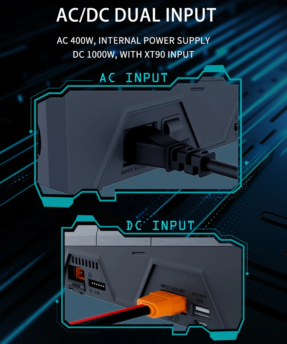 ToolkitRC Q6AC 1-6S Lipo Battery Charger, This dual-input charger with AC, DC, and USB inputs charges 1-6S Lipo batteries with built-in power supply, overcharge protection, and short-circuit prevention.