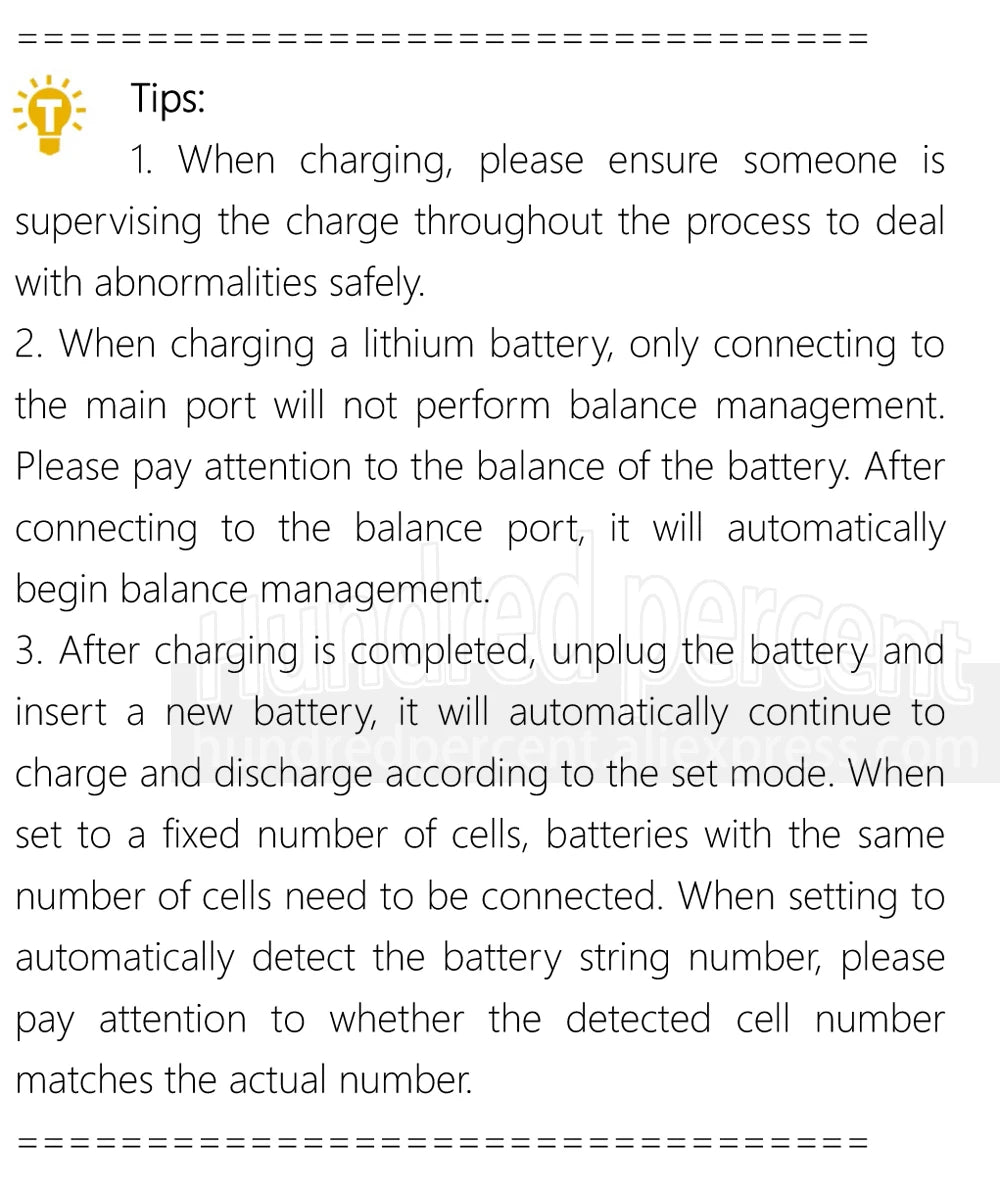 ToolkitRC Q6AC 1-6S Lipo Battery Charger, When charging lithium batteries, supervise and balance management is required; follow instructions for setup and verification.