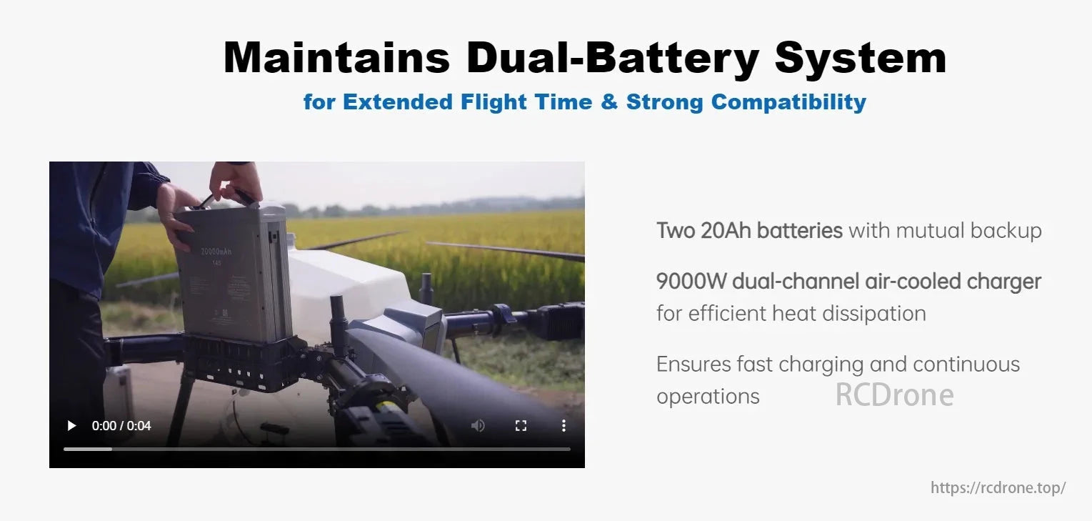 TopXGun FP700 Agriculture Drone, Dual-battery backup system with 20Ah capacity, 9000W air-cooled charger for fast charging and long flight time.
