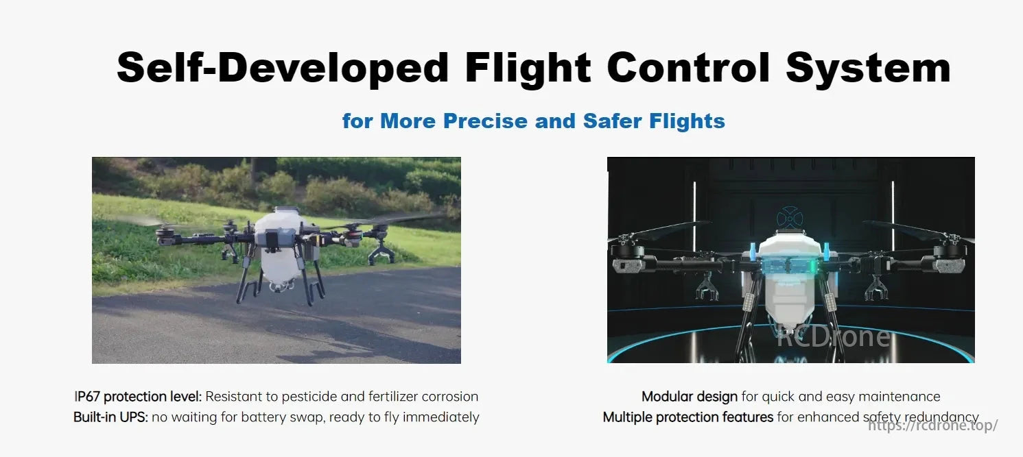 TopXGun FP700 Agriculture Drone, Self-developed flight control ensures precision and safety, with IP67 protection, UPS for instant flight, and modular design aiding maintenance.