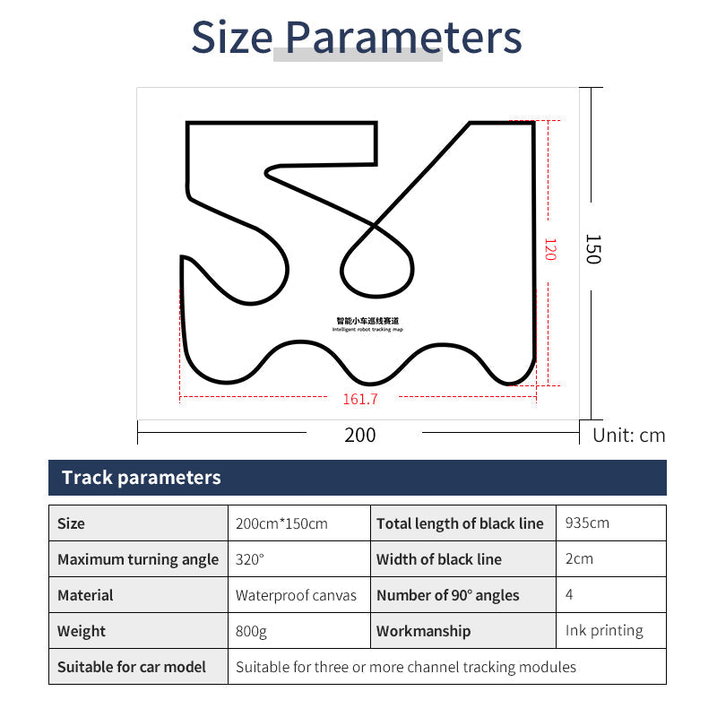 Size parameters chart for tracking map: 200 x 150cm, 2cm black line, waterproof canvas specs