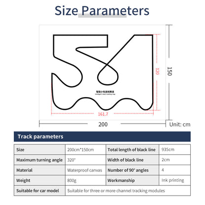 Size parameters chart for tracking map: 200 x 150cm, 2cm black line, waterproof canvas specs