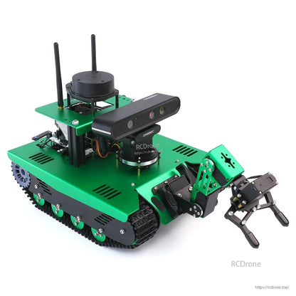 Angled view of tracked Transbot robot chassis with depth camera and front gripper, RCDrone watermark