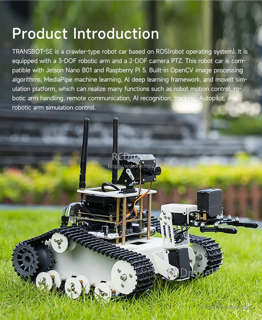 Transbot SE crawler robot outdoors on grass, showing tracked chassis, robotic arm gripper, and dual antennas