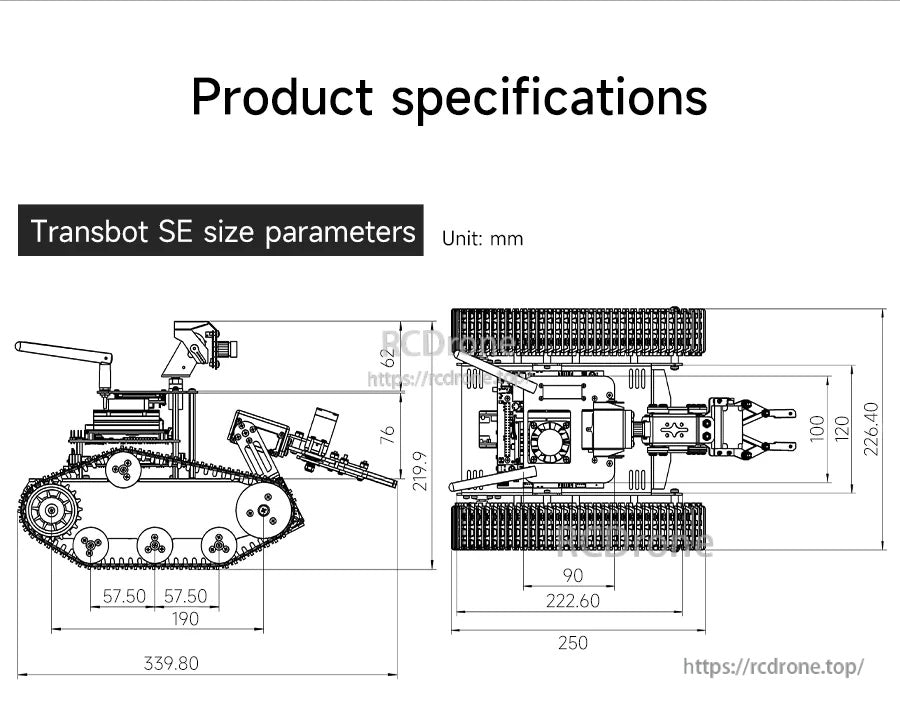 Transbot SE product size parameters drawing with side and top views and dimensions in millimeters