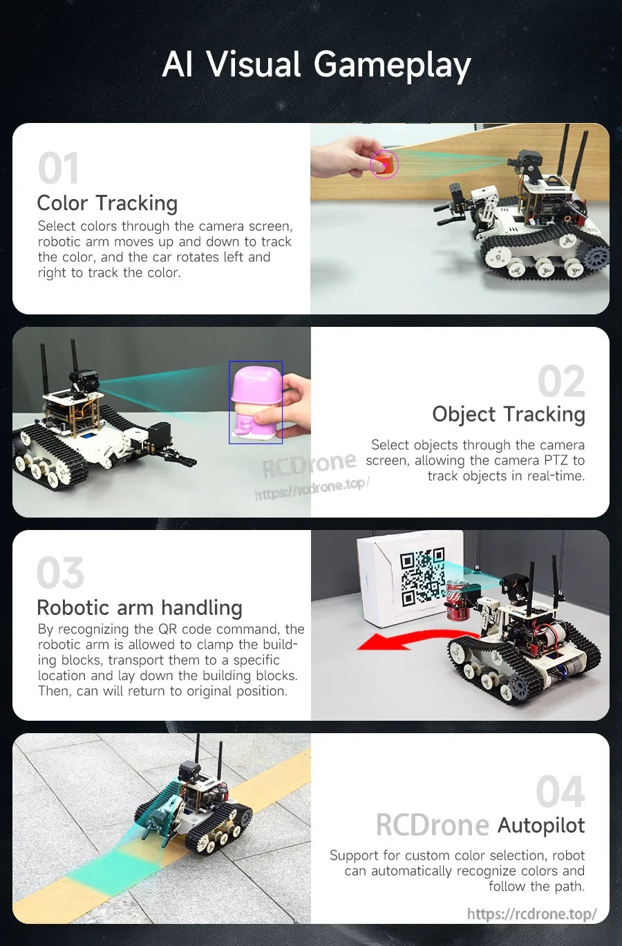 AI visual gameplay modes: color tracking, object tracking with camera PTZ, QR-code arm handling, and autopilot path following
