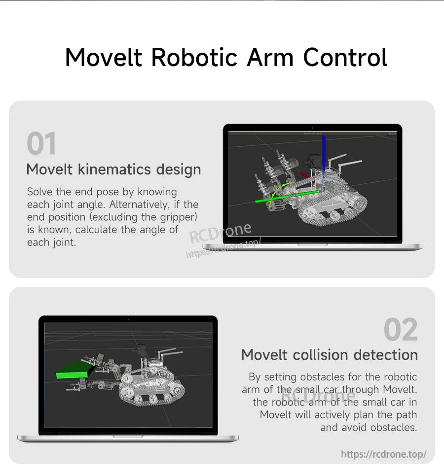 MoveIt robotic arm control screen for Transbot SE, highlighting kinematics design and collision detection in simulation