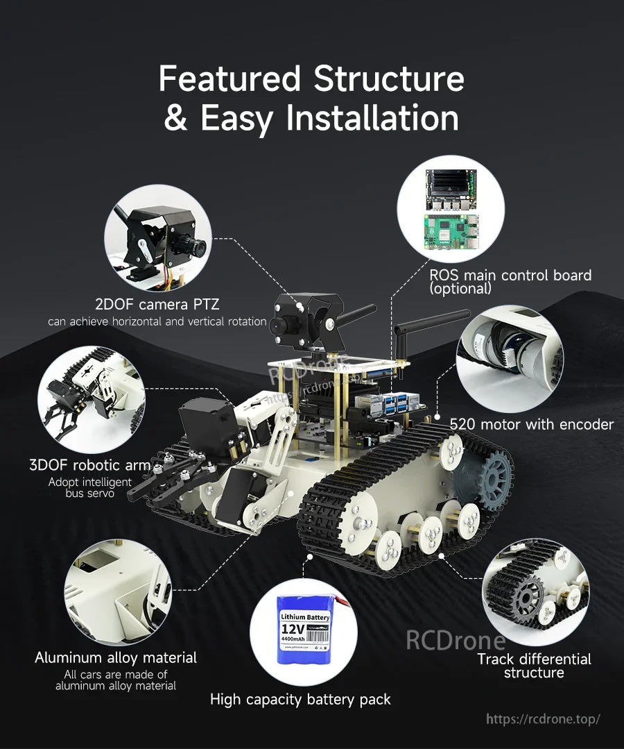 Transbot SE structure callouts: 2DOF camera PTZ, 3DOF arm, aluminum body, ROS main board optional, encoder motors