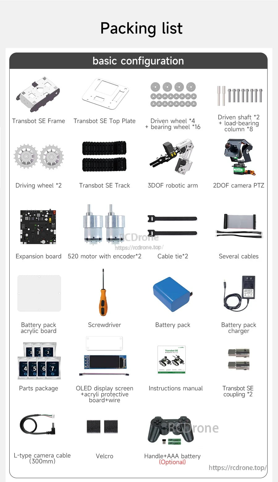 Packing list diagram for Yahboom Transbot SE ROS robot kit with frame, tracks, wheels, arm, camera pan-tilt and electronics