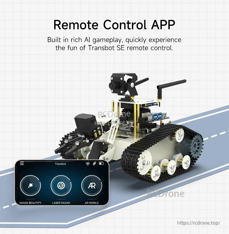 Remote Control app interface alongside Transbot SE robot, showing AR and radar-style features in the mobile UI