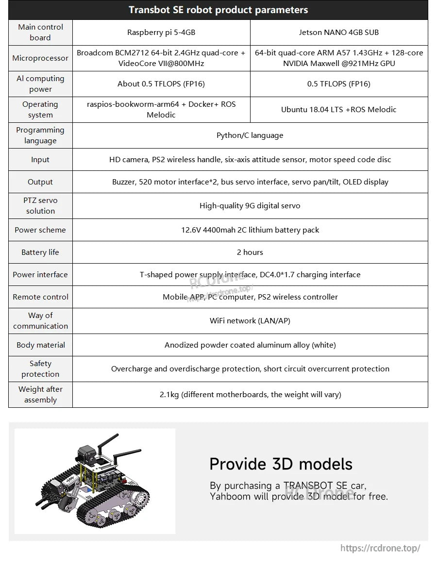 Transbot SE robot parameters table listing Raspberry Pi 5 and Jetson Nano configurations, power, OS, interfaces, and weight