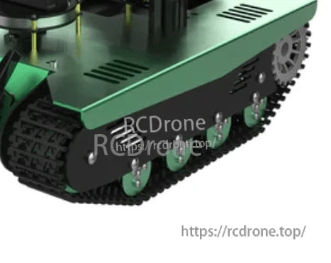 Side close-up of Transbot track replacement part with rubber tread and green road wheels on chassis