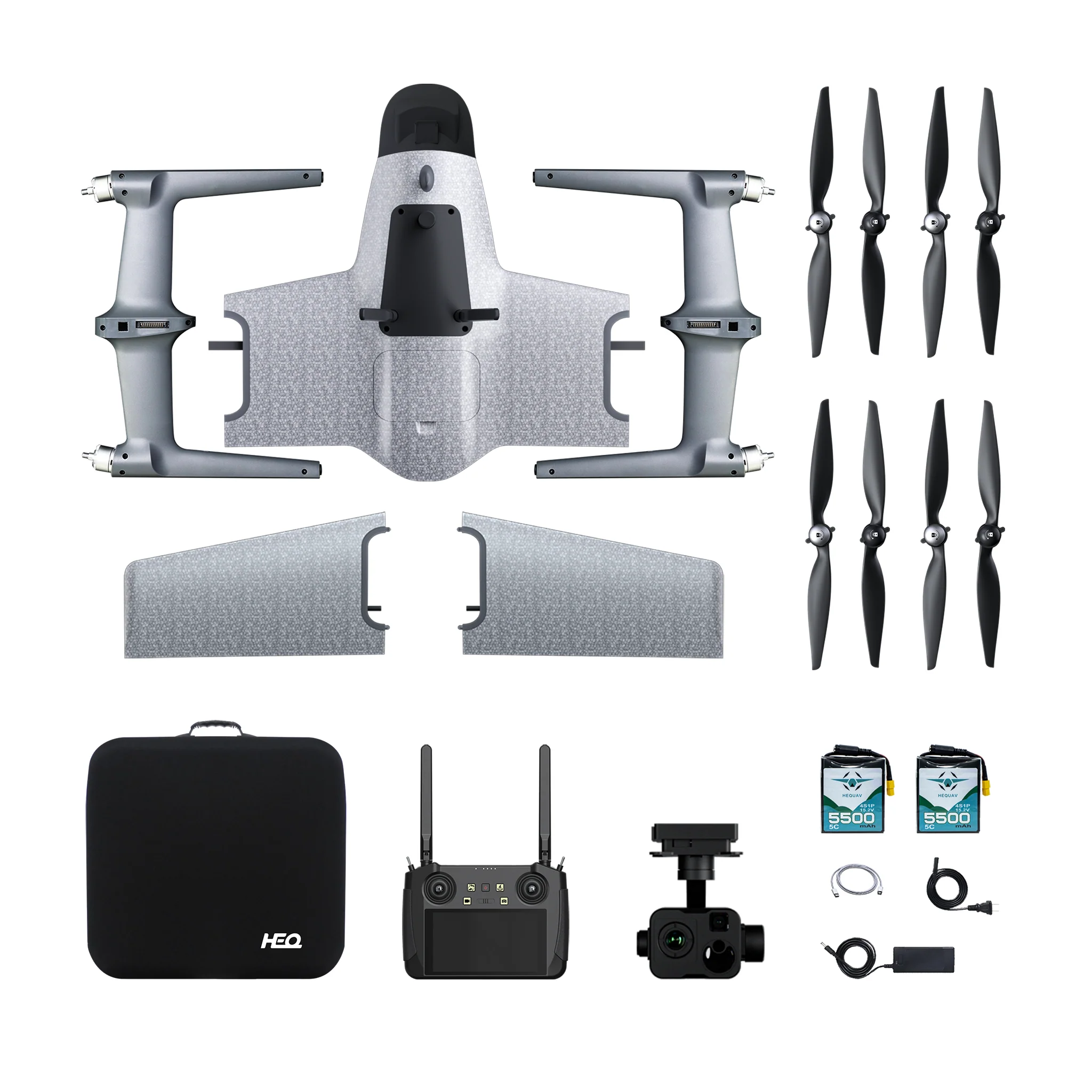 HEQ Swan-K1 trio: Fixed-wing plane with VTOL capabilities. advanced cameras. and sensors for high-resolution imaging.