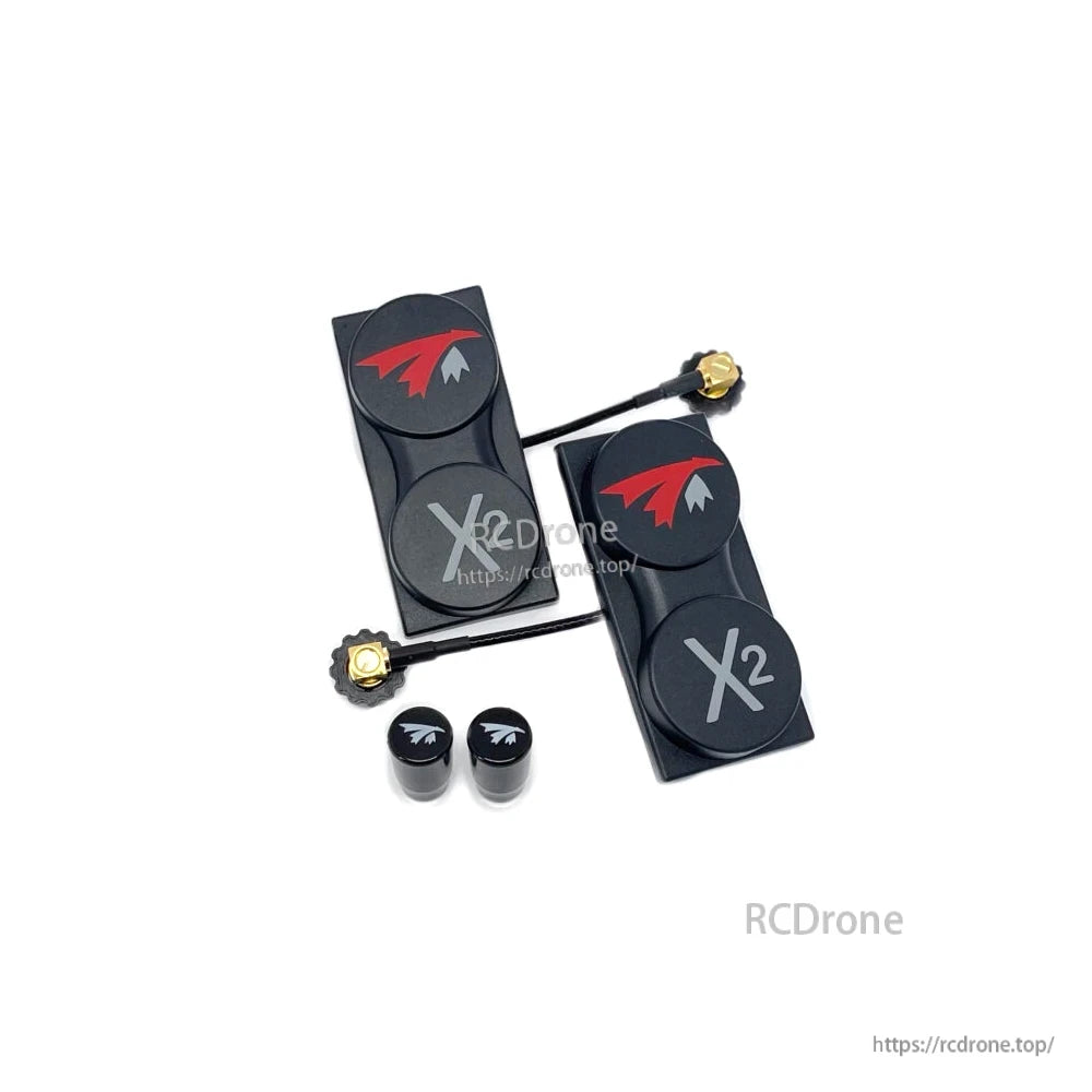 Two X2 Air patch antennas with short coax pigtails and gold connectors, plus pair of black caps