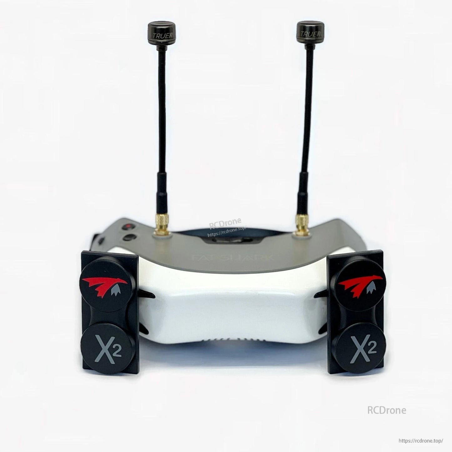 FPV goggles setup with two TrueRC Core antennas on top and X2 patch antennas on the front mounts