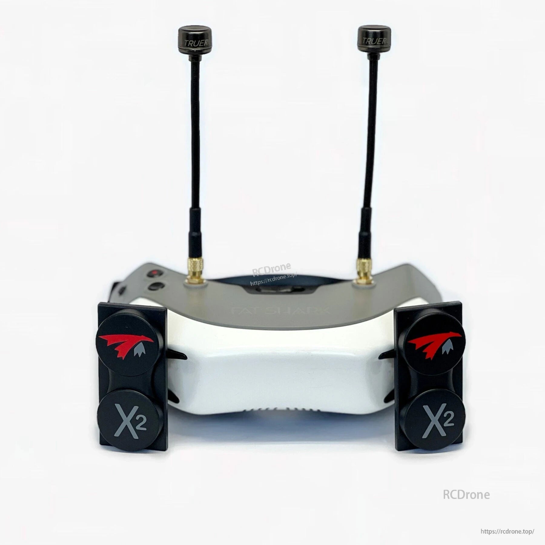 FPV goggles setup with two TrueRC Core antennas on top and X2 patch antennas on the front mounts
