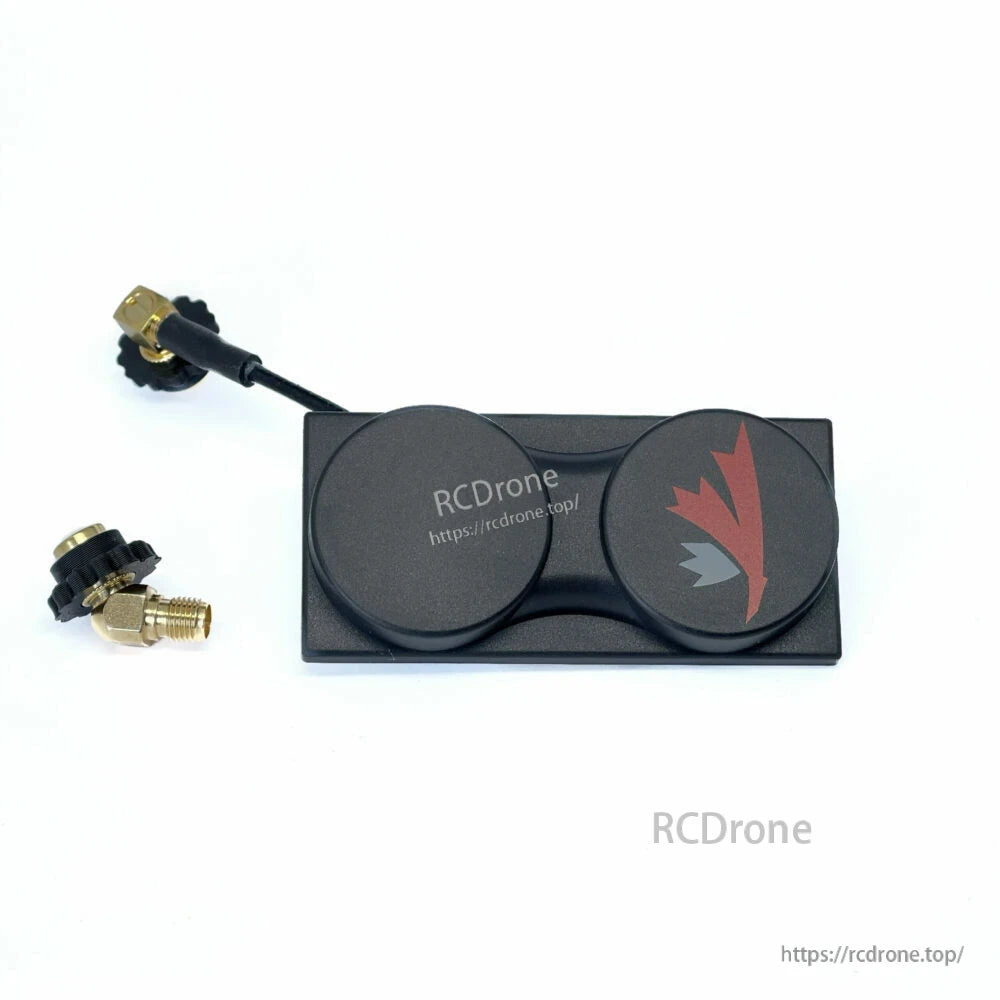 Dual patch antenna module with mounting plate, short coax lead, and knurled SMA adapter close-up