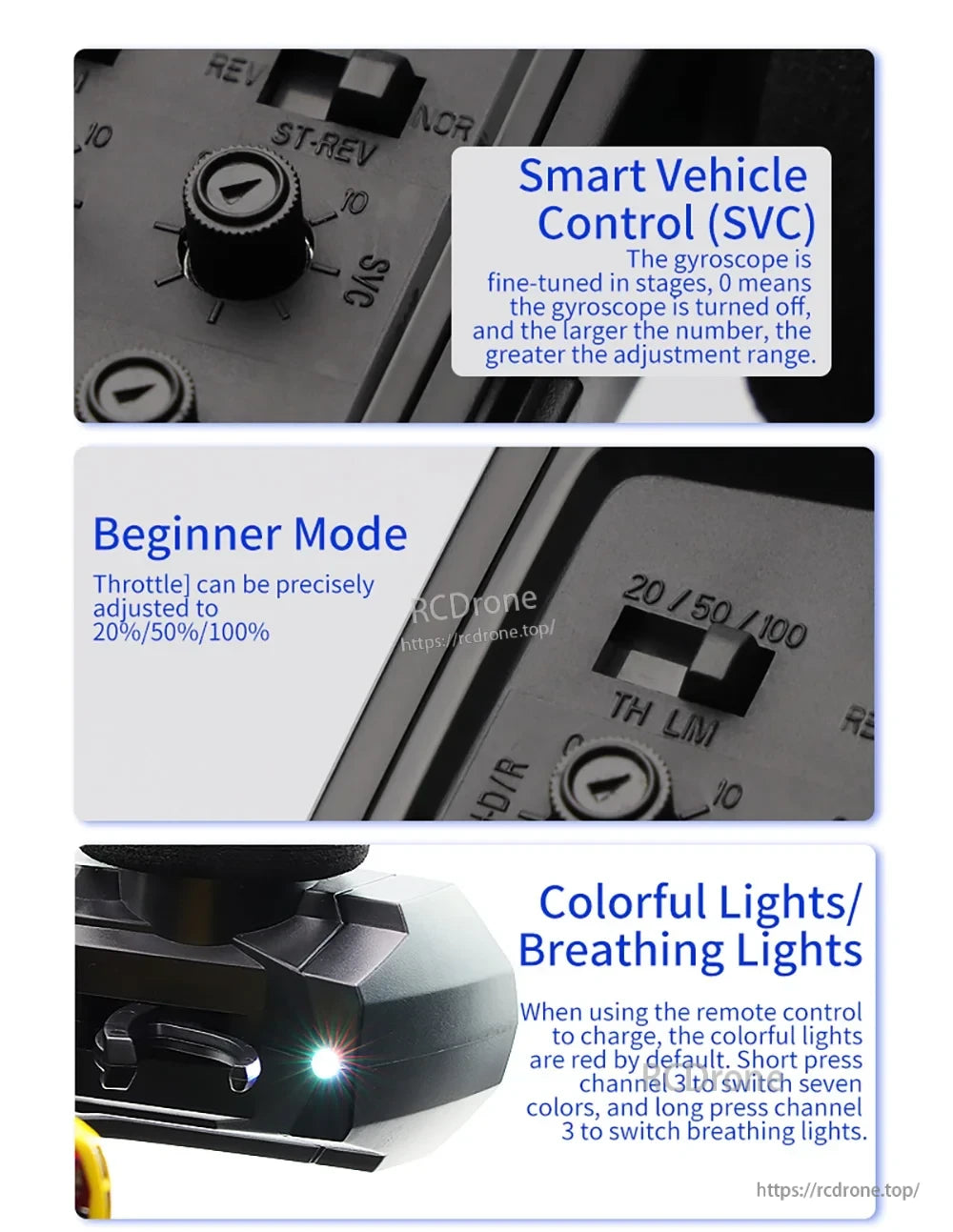 Turbo Racing 1:76 Mini Rc Car, Smart Vehicle Control adjusts sensitivity; Beginner Mode has 20%, 50%, or 100% throttle; colorful lights switchable via remote, red by default when charging. (24 words)