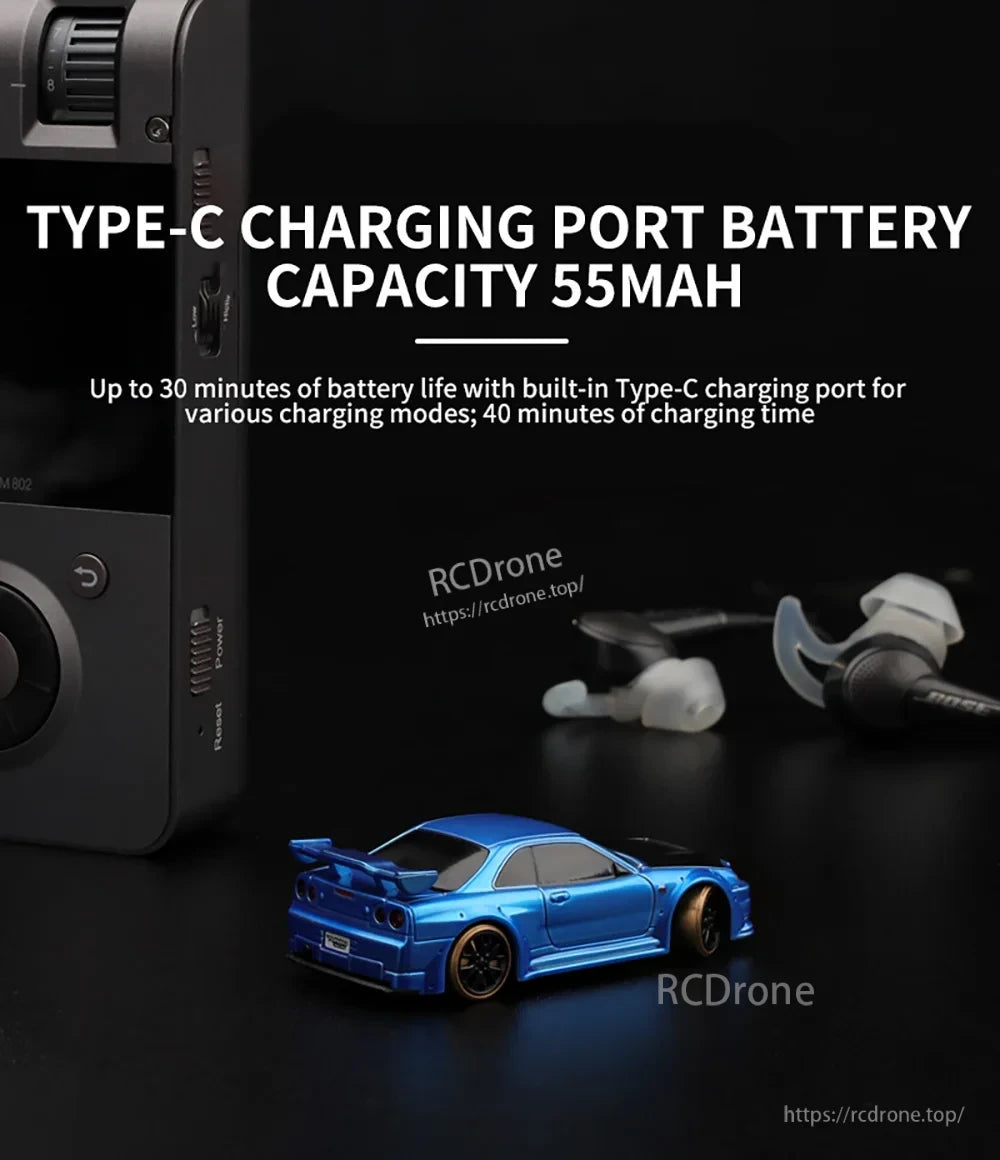 Turbo Racing 1:76 Mini Rc Car, Mini RC car with Type-C port, 55mAh battery, 30-minute runtime, and 40-minute charge time.