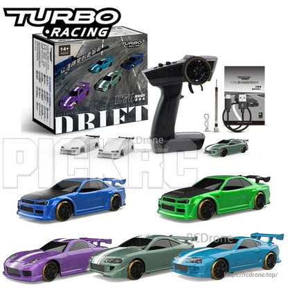 Turbo Racing 1:76 Mini Rc Car, Turbo Racing 1:76 RC drift car with gyro, full proportional control, Type-C charging, ready-to-run, includes remote and accessories, suitable for ages 14 and up.