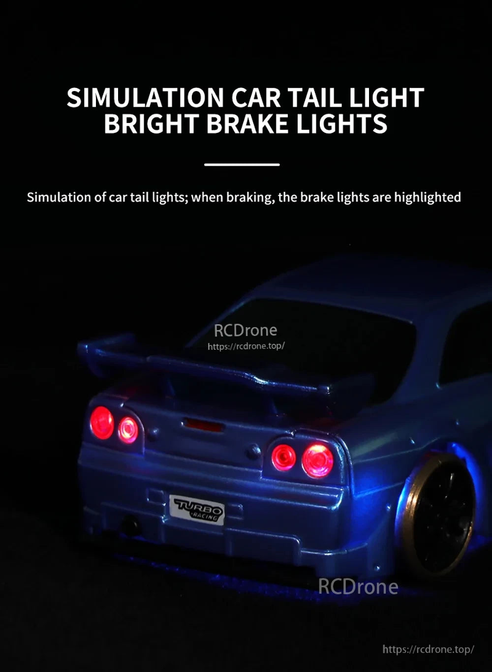 Turbo Racing 1:76 Mini Rc Car, Simulation car tail lights with bright brake lights; Turbo Racing logo visible.