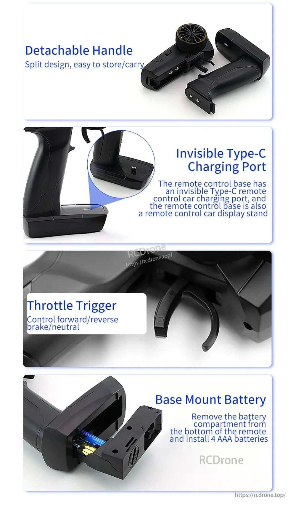 Turbo Racing 1:76 Mini Rc Car, Compact drone with detachable handle, hidden Type-C charging, display stand, throttle trigger for control, and base powered by 4 AAA batteries.