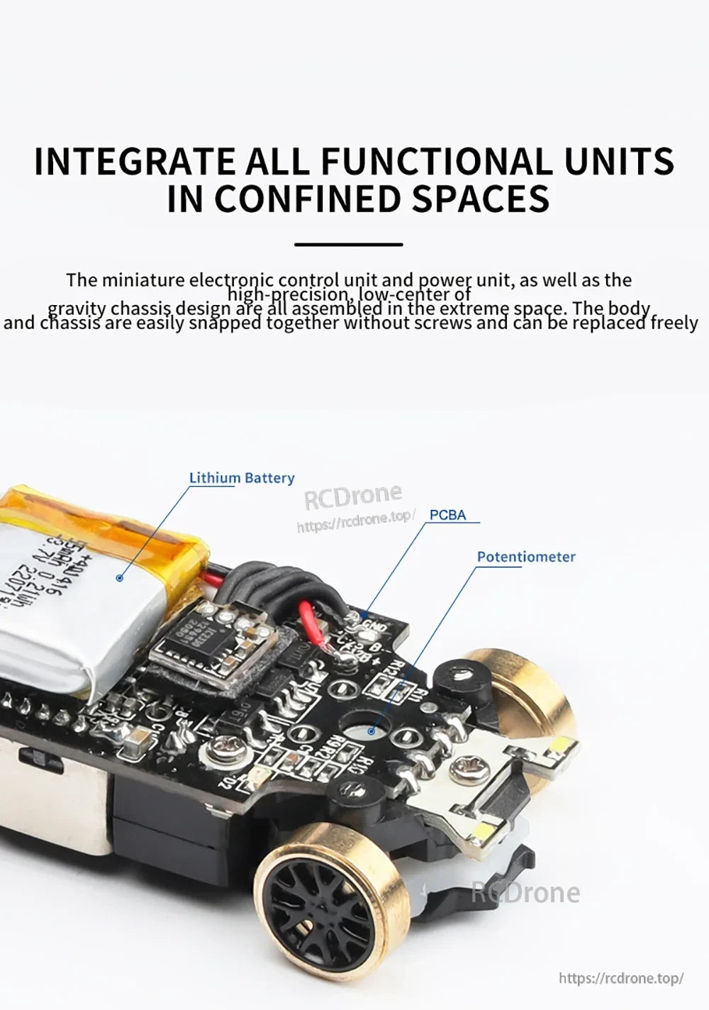 Turbo Racing 1:76 Mini Rc Car, Miniature drone integrates control, power, and high-precision chassis in compact design. Snap-together body, lithium battery, PCBA, and potentiometer enable easy assembly and replacement.