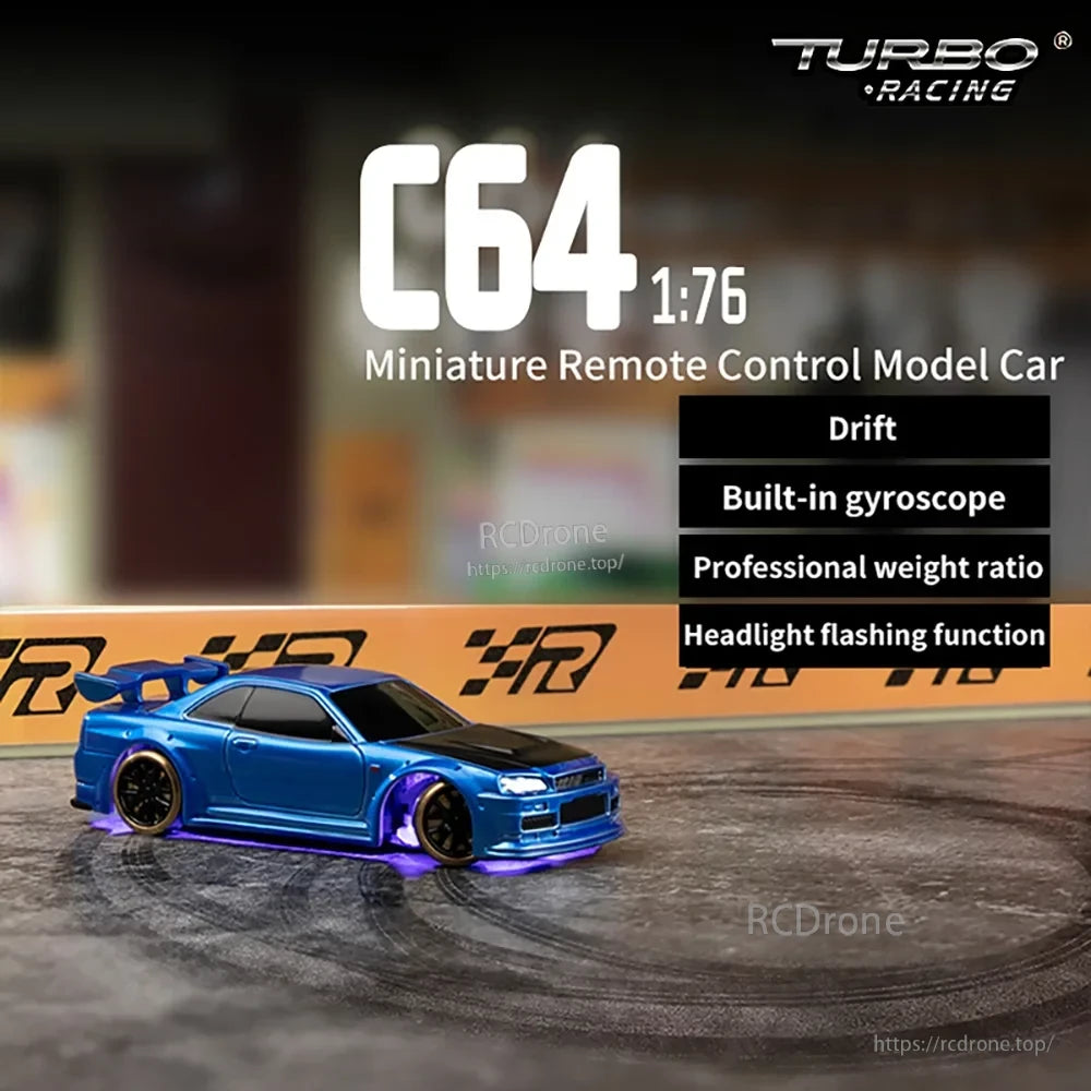 Turbo Racing 1:76 Mini Rc Car, Turbo Racing C64 1:76 RC car features drift mode, gyroscope control, balanced weight ratio, and flashing headlights for high-performance remote-controlled racing fun.