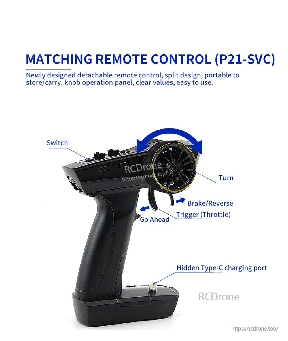 Turbo Racing 1:76 Mini Rc Car, Detachable split design with knob control, clear display, switch, turn, brake/reverse, trigger, and hidden Type-C port. Portable, easy, and convenient to use.