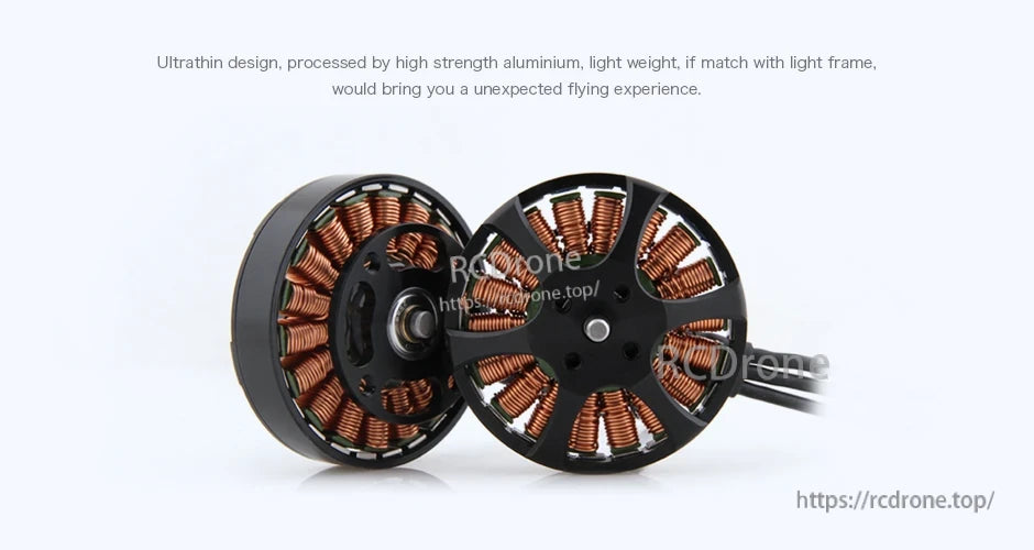Two T-Motor brushless outrunner drone motors with black housings, exposed copper windings, and attached lead wires