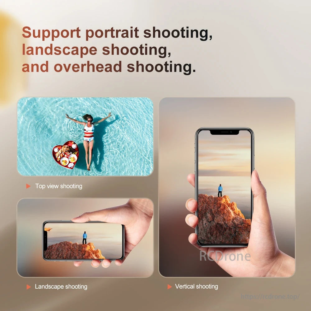 U99 MAX PRO Drone, Supports portrait, landscape, and overhead shooting modes, capturing scenes like a swimmer with a floating tray and a person on a cliff.