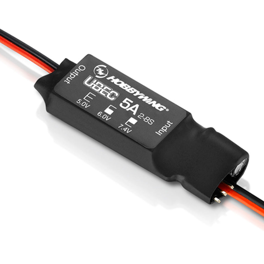 Hobbywing UBEC 5A 2–8S regulator with input/output leads and selectable 5.0V, 6.0V or 7.4V output