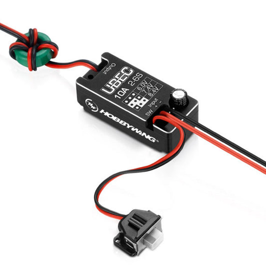 Hobbywing UBEC 10A 2-6S DC-DC regulator with wired switch lead and selectable 6.0V, 7.4V or 8.4V output