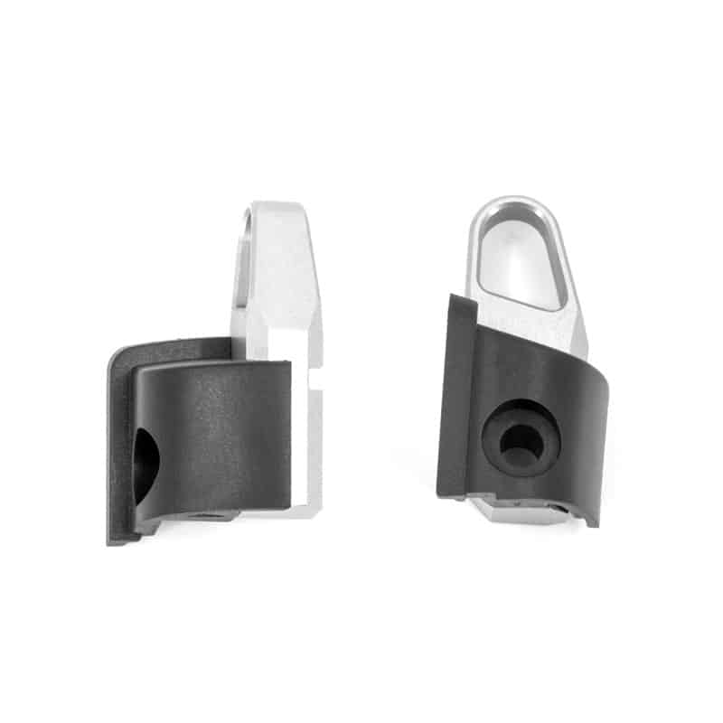 Futaba 4PV neck strap hook installed in plastic mount, side view and front view