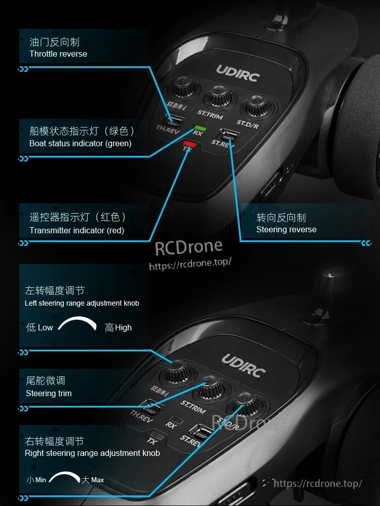 UDI022 Brushless RC Speedboat, Includes throttle and steering reverse switches, status indicators, trim, and adjustable range knobs for precise boat control.