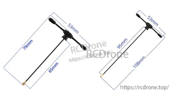 UFL 2.4GHz T-antenna size guide with 65mm and 95mm cable options and 53mm T element length