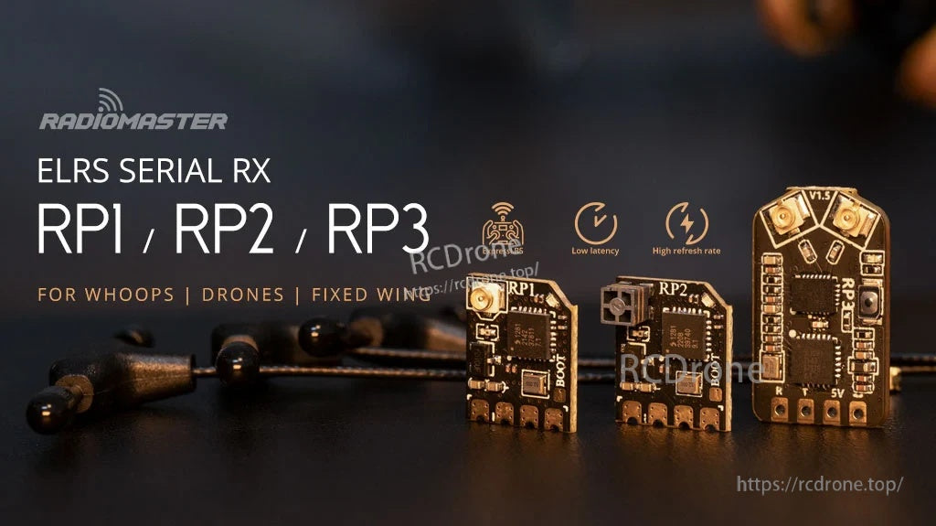 RadioMaster ELRS serial RX compatibility graphic with RP1, RP2 and RP3 receivers and UFL T antennas