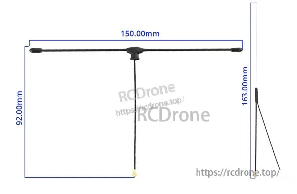 T and Y antenna size reference: 150mm T-antenna width, 92mm lead, and 163mm Y-antenna length