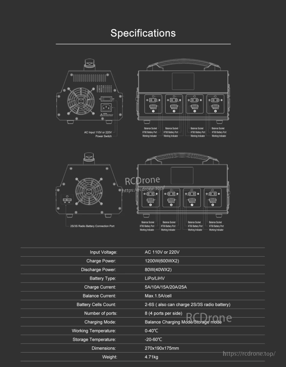 The UP1200+ LiPo charger offers 1200W charging, 80W discharging, supports 2–6S batteries, and features four ports per side.