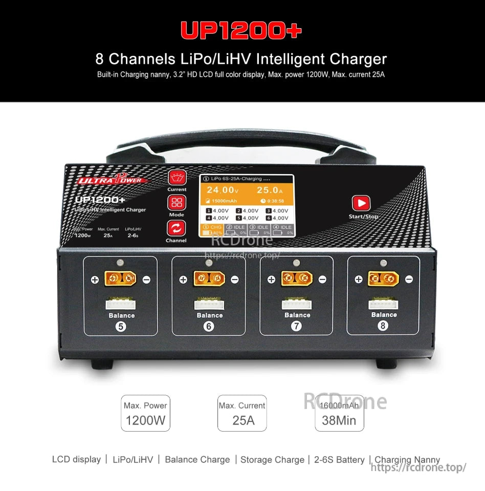 UP1200+ LiPo Charger, The UP1200+ is an 8-channel, 1200W intelligent LiPo/LiHV charger with balance charging, storage mode, and a built-in nanny for 2–6S batteries.
