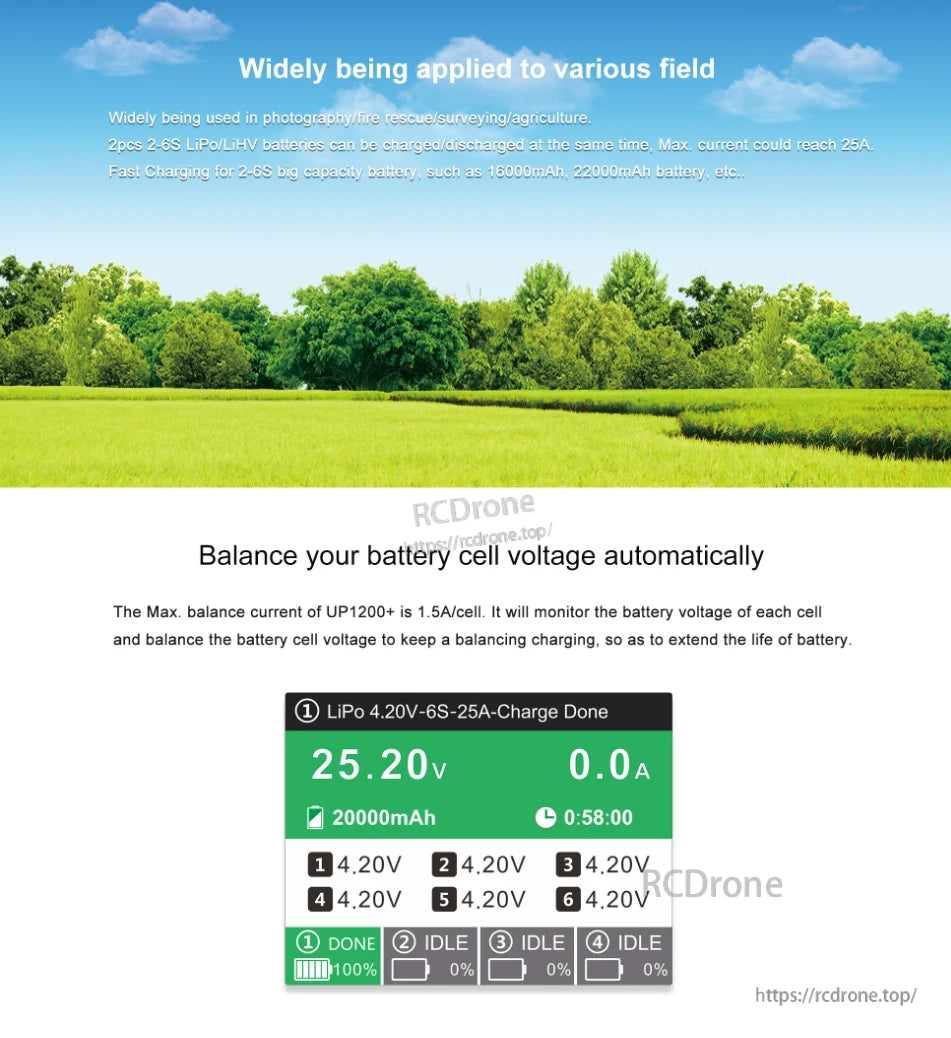 UP1200+ LiPo Charger, The UP1200+ charger supports 2–6S LiPo/LiHV batteries, up to 25A, with auto-balancing for extended life—ideal for drones in various professional applications.