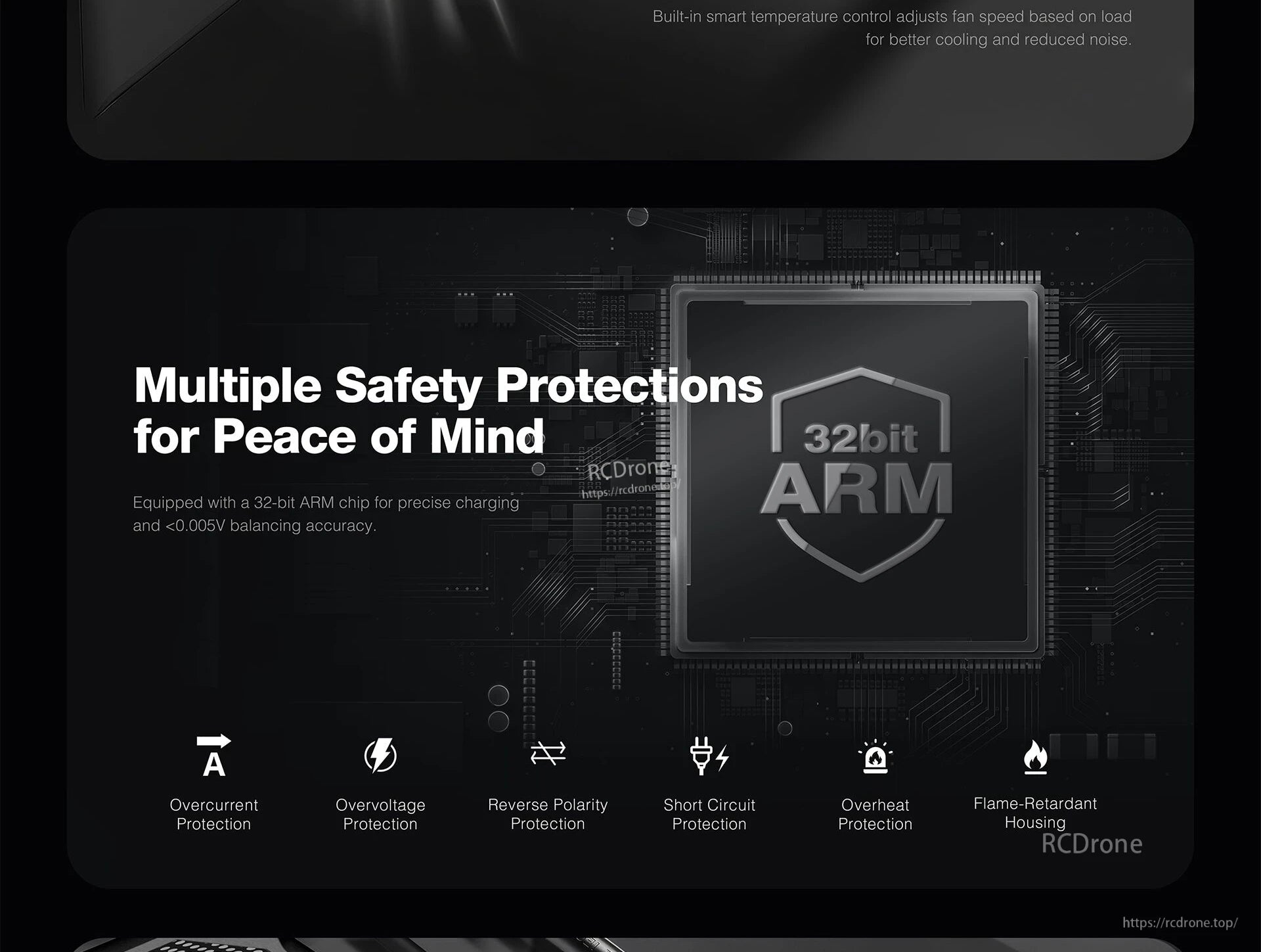 UP13 Smart Charger, Built-in smart temperature control adjusts fan speed based on load for better cooling and reduced noise.
