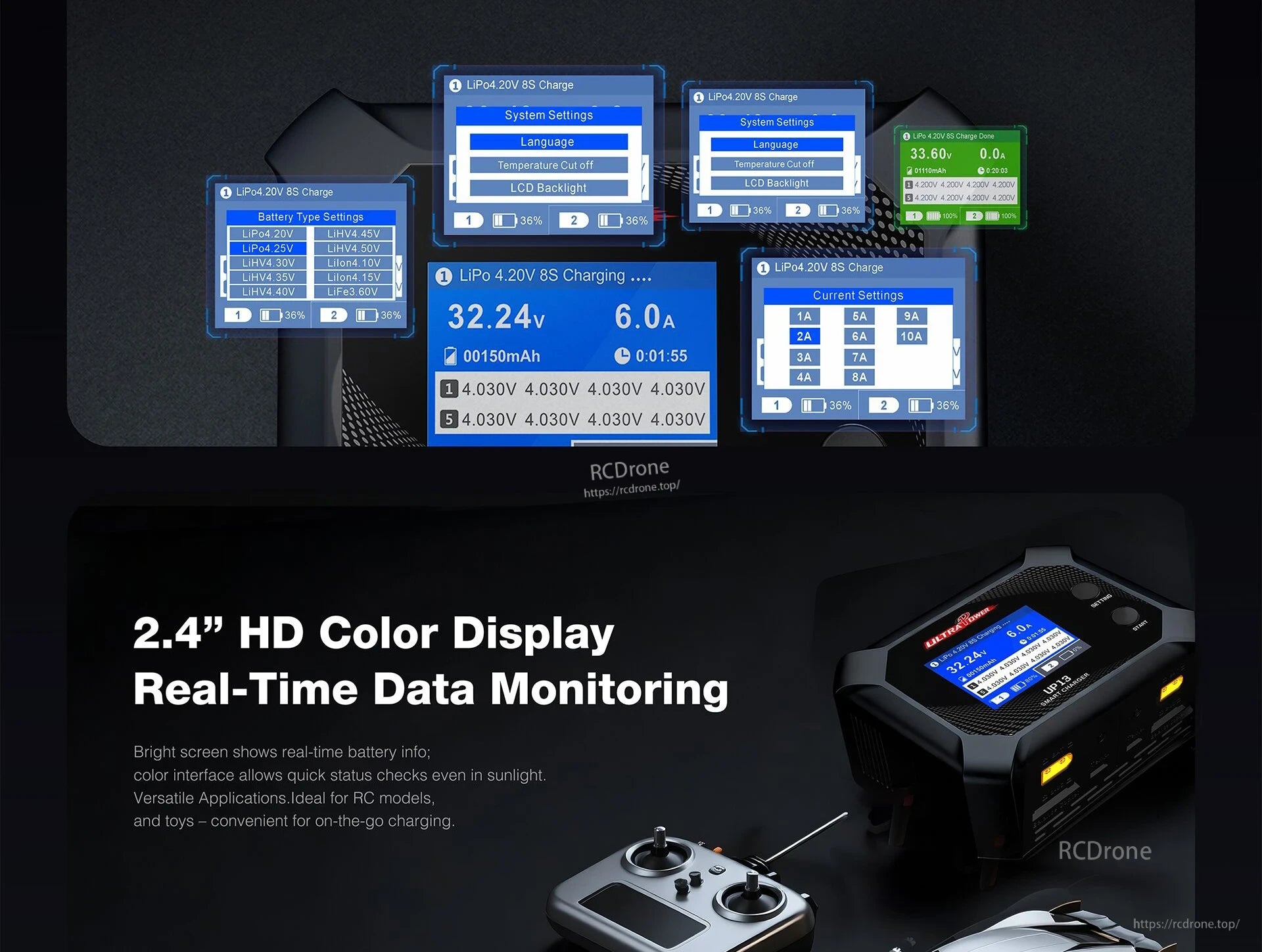 UP13 Smart Charger, High-power charger for 2S-8S battery packs with independent dual channels and smart features.