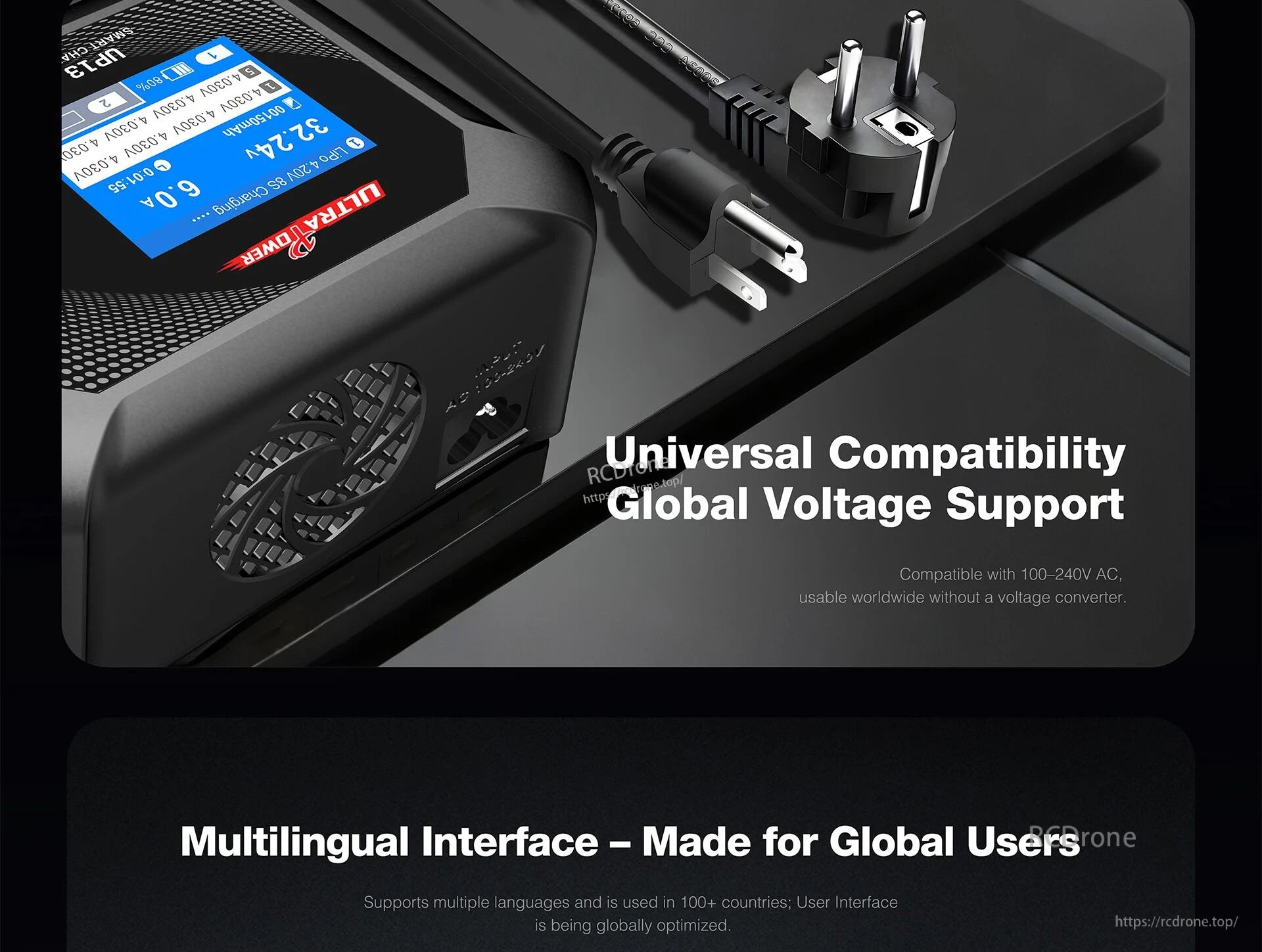 UP13 Smart Charger, This power adapter supports global voltages and has a multilingual interface, making it compatible with devices worldwide.