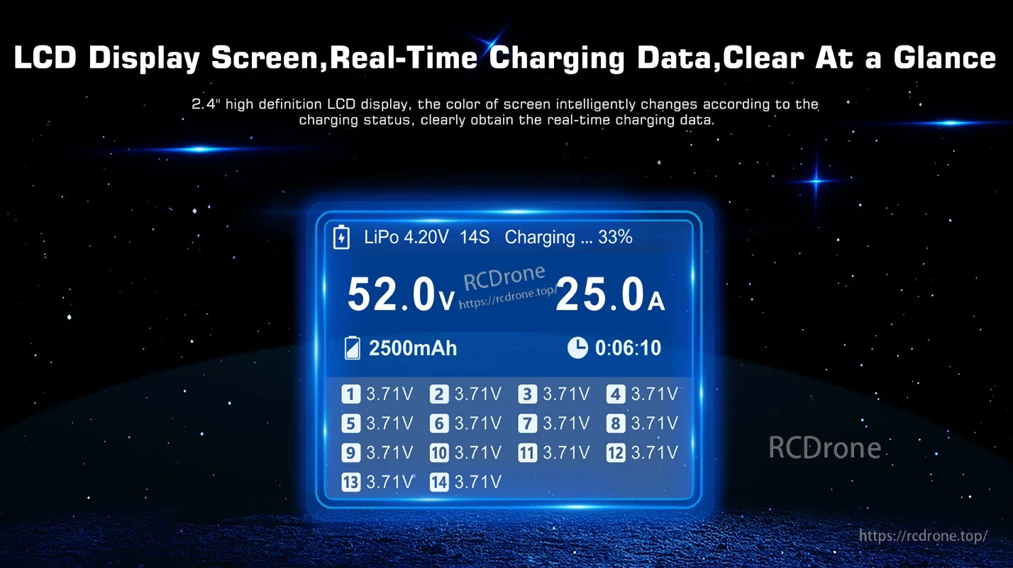 UP1500 LiPo Charger, 2.4" LCD shows real-time 14S LiPo charging data and cell voltages, with color-changing screen indicating charge status.