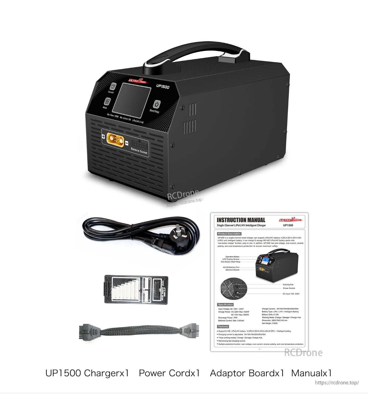UP1500 LiPo Charger, UP1500 is a single-channel LiPo/LiHV charger for 6–14S batteries with multiple safety protections and included accessories.